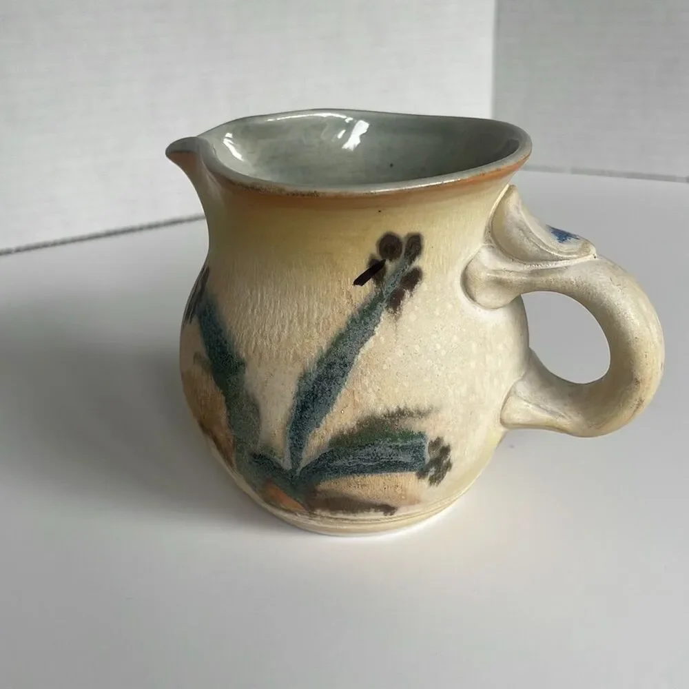 Vintage Mhyren Pottery Pitcher Blue Iris Flower Design Salt Glaze‎ Signed